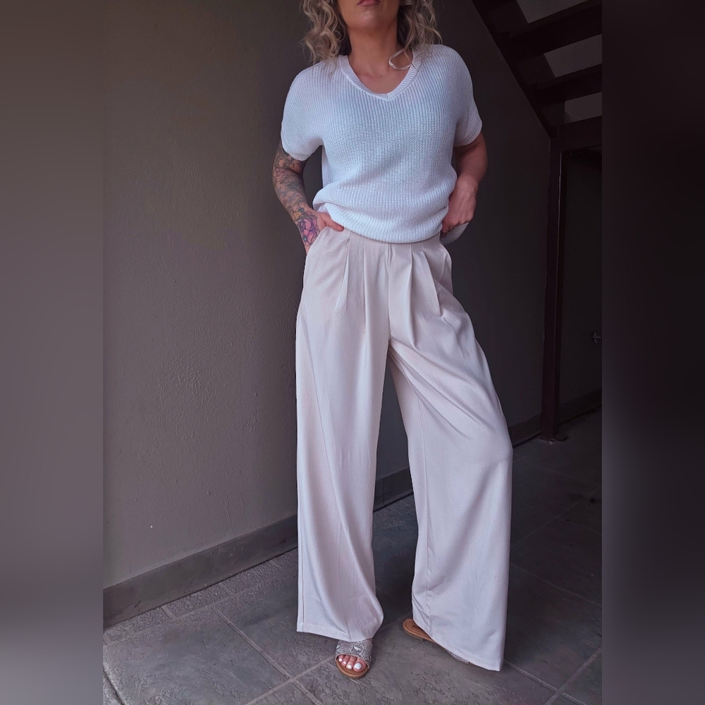 Cream Wide-Leg Trouser Pants